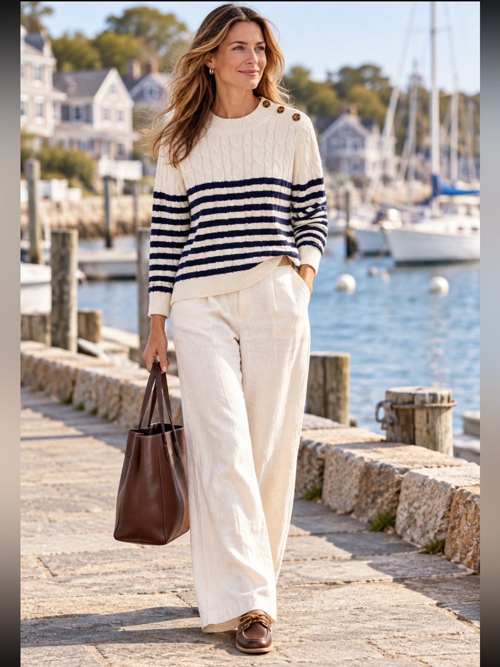 Lands’ End Drifter Cable Knit Sweater Coastal Nautical Striped Medium